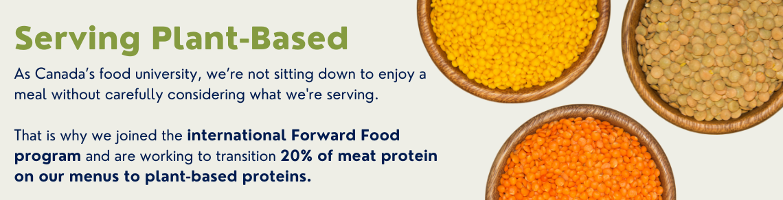3 bowls filled with lentils and text that reads "serving plant based" underneath that text is smaller text that reads "We have joined the international Forward Food campaign, which encourages and enables the catering industry to shift the focus of menus t